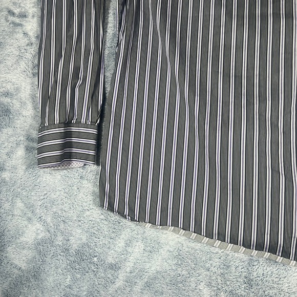 Bugatchi Uomo Mens Shaped Fit Button Down Shirt Black Purple Striped Long Sleeve - Picture 15 of 16